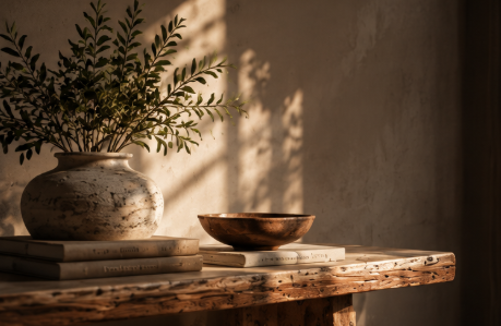 An arched sunlit living room with a linen sofa and layered textures